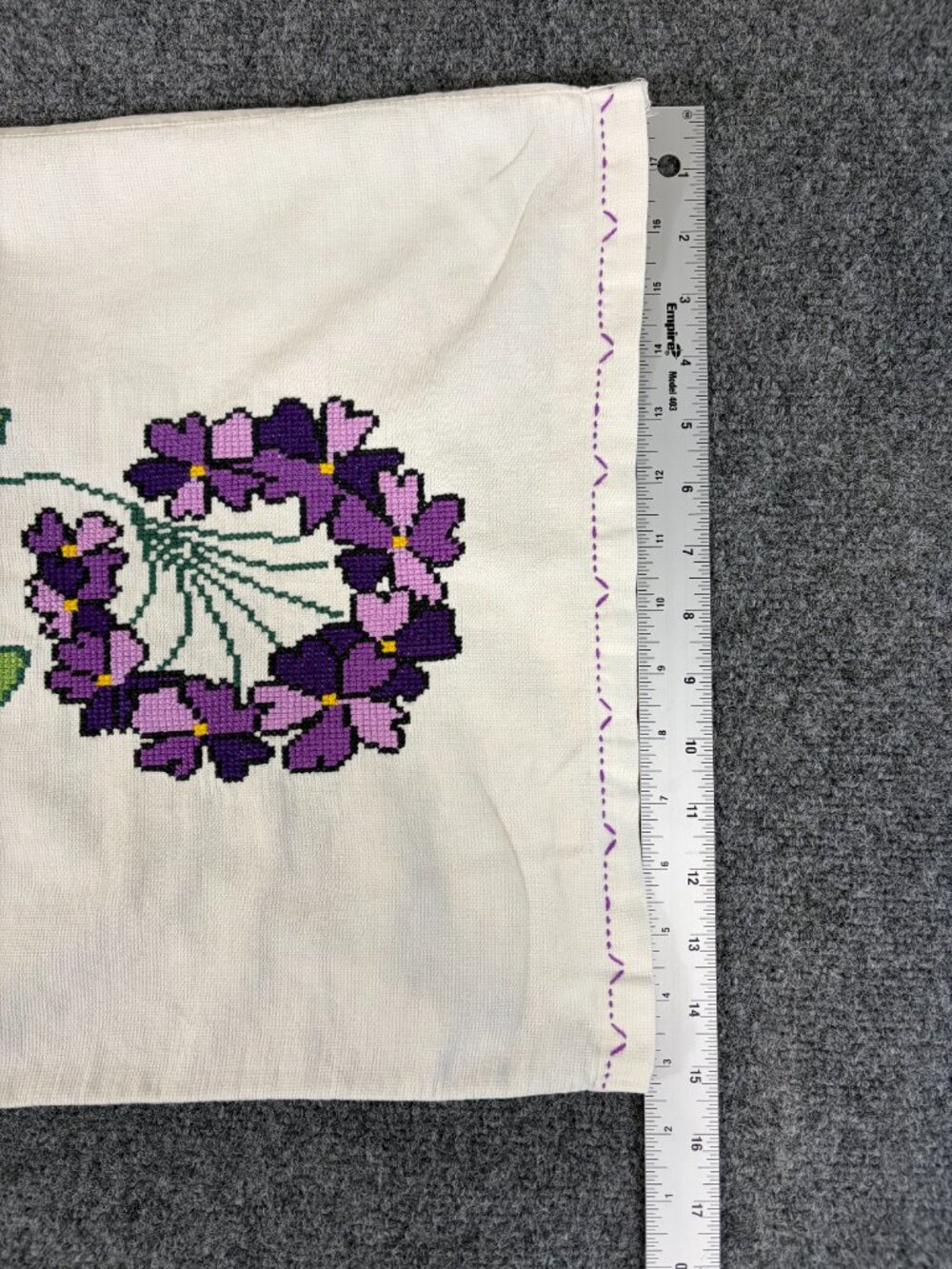 Vtg Cottagecore Hand Embroidered Cross Stitch Pillowcases Pair - Purple Floral - Picture 2 of 5